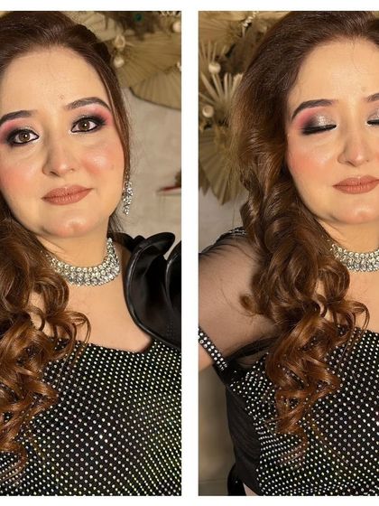 A detailed close-up of the makeup, showing the blended eyeshadow and the soft curls in her hair.