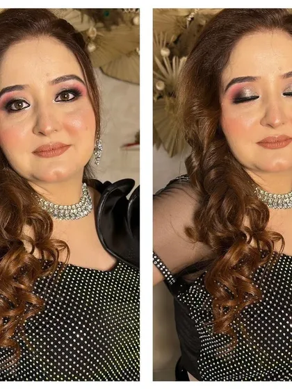 A detailed close-up of the makeup, showing the blended eyeshadow and the soft curls in her hair.