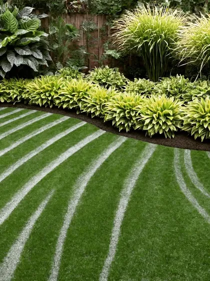 A creative lawn design with artistic stripes, bordered by lush, textured hosta plants. We can create unique patterns to make your lawn a true work of art.