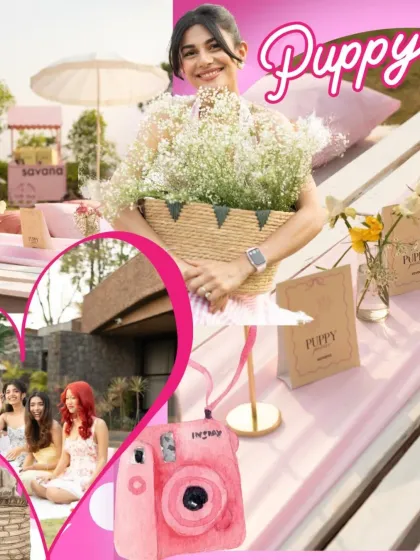 This collage showcases the branding and aesthetic details of the puppy picnic, including custom gift bags and a polaroid camera for capturing memories.