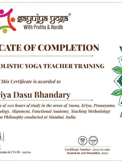 A certificate for a graduate of our 200-hour Holistic YTTC, recognizing their deep study.
