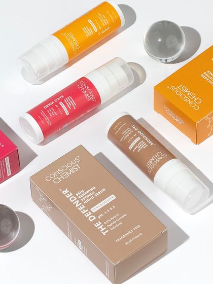 We love a clean, organized flatlay. This shot uses hard light to create crisp shadows, showcasing the brand's range of serums and packaging in a way that feels both scientific and aesthetically pleasing.