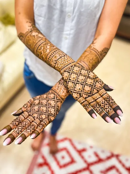 A stunning bridal design featuring a grid of lotus flowers covering the entire back of the hands.