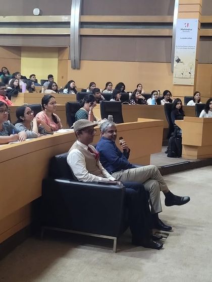 An engaged audience of faculty and students at Mahindra University's School of Law during the orientation ceremony where our partner spoke.