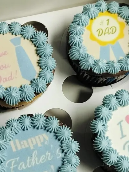 A close-up view of the "Love You Dad!" and "#1 Dad" ribbon designs from the blue collection. This shows the fine detail I can achieve with edible printed toppers.