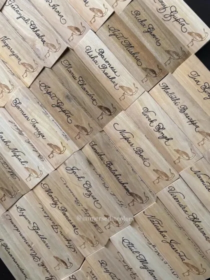 Here is a look at over 50 custom wooden name plates I created for a corporate event. Each name is handwritten in elegant calligraphy, showing my ability to work on unique surfaces like wood and handle large-scale orders for weddings or brand activations, ensuring every guest feels personally welcomed.