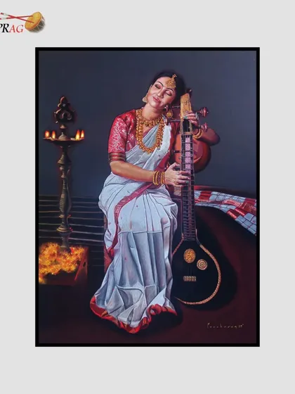 We are proud to represent artists who demonstrate incredible technical skill. This hyper-realistic painting by Parshuram Patil captures a quiet moment of devotion and music. The masterful play of light on the fabric and the serene expression of the subject make this a truly captivating figurative work.
