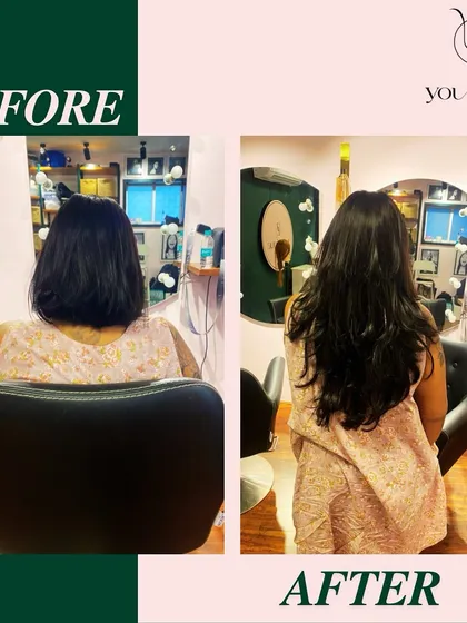 A picture is worth a thousand words, and this before and after says it all. We took this client's lovely bob and gave her the long, full hair she was dreaming of. This is a perfect example of how permanent extensions can completely change your look.