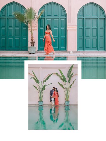 A creative collage combining two different perspectives of a couple by the pool at a heritage palace.