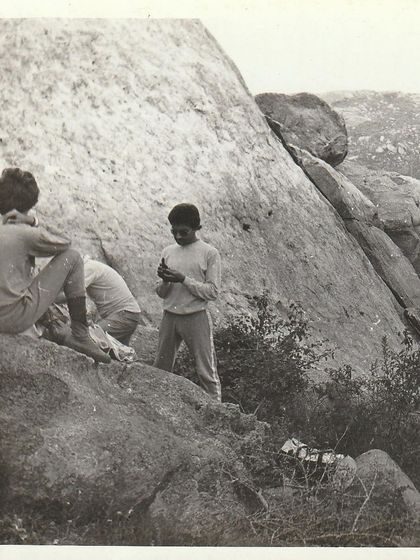 Climbers from a bygone era, resting at the crag. These photos are a precious part of our community's heritage.