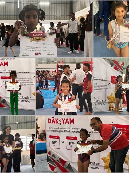 A collage from the Inter-Club Gymnastics Meet 2025. Our Elite students participated across all age categories and bagged numerous gold and silver medals.