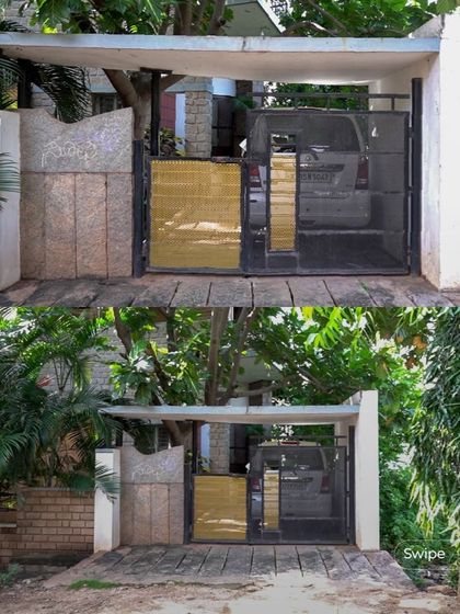 The unique gate design for the Rehmat Tarikere Residence combines metal mesh with woven bamboo, reflecting the home's blend of modern and natural elements.