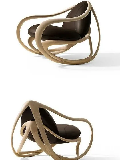 The gentle sway of our rocking chair, your perfect escape after a long day. This design features a sculptural, continuous frame of light-finished wood with a comfortable, dark leather seat.