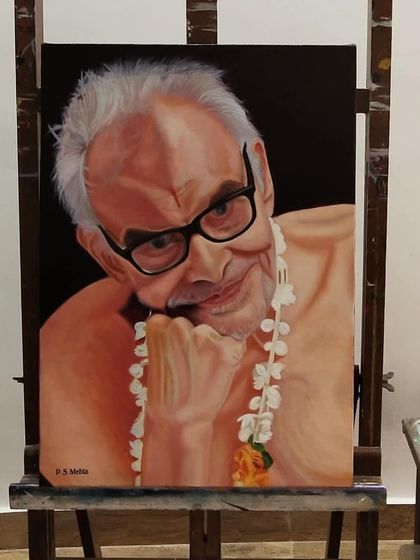 A final look at the completed portrait on the easel. Every detail, from the glint in the glasses to the texture of the skin, is carefully rendered by hand.