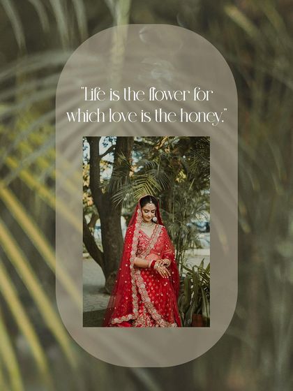 A framed portrait of the bride in a garden, with a quote about love and life.