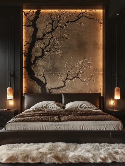 This bedroom design is a beautiful example of bringing nature indoors. The stunning accent wall behind the bed features a delicate, backlit cherry blossom tree motif, creating a peaceful and artistic focal point.