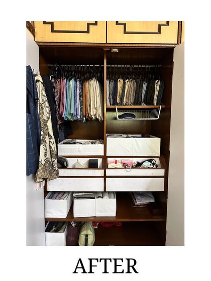 After: His wardrobe, now neat and functional. We categorized everything, utilized the vertical space, and added organizers to lift the entire look and feel of the closet.
