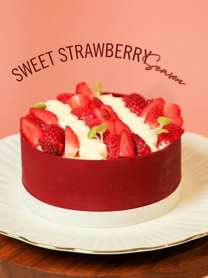 Sweet strawberry season is here! This graphic introduces our seasonal menu, featuring our Strawberry Toffee Gateau.