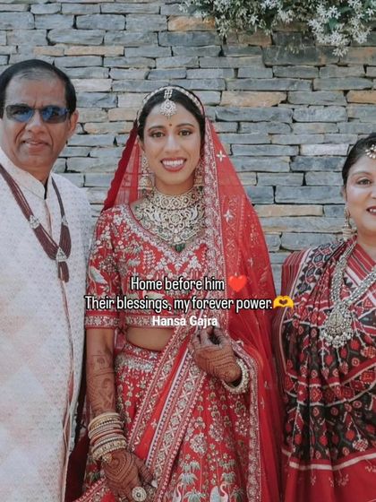 The home before him, their blessings my forever power. This portrait of the bride with her proud parents captures the story of love, legacy, and family that is at the heart of every wedding.