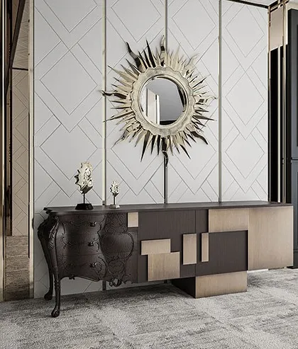 The Abacus Sideboard is a masterful fusion of past and present. Its unique design combines classic carved details with modern geometric shapes, creating a true statement piece.