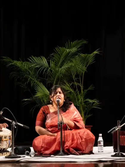 A beautiful moment on stage with the wonderful vocalist Shatavisha Mukherjee and Hullas Purohit on harmonium at the India International Centre in Delhi.