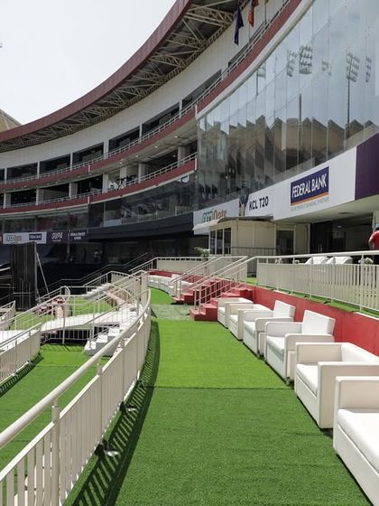 The premium hospitality lounge we set up for the Kerala Cricket League. We design and furnish these exclusive areas to provide the best viewing experience for VIP guests.