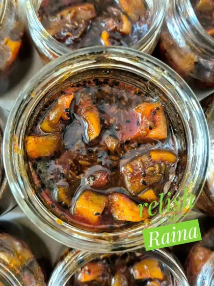 This is a close-up of my Sweet Raw Mango Pickle, a traditional Rajasthani recipe that reminds me of my childhood. I use pieces of Rajapuri kairi, which are known for their sweetness, and combine them with sugar, fennel seeds, and onion seeds. It’s a perfect balance of sweet, tangy, and mildly spicy.