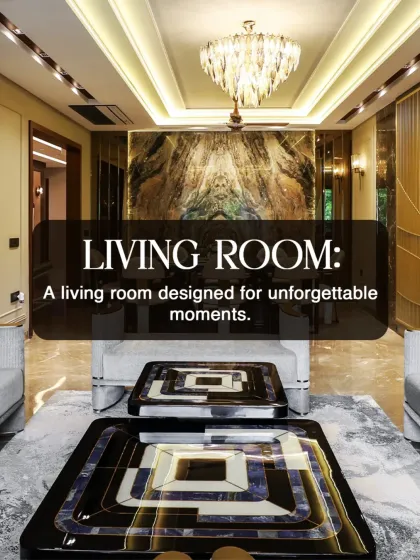 This living room showcases our expertise in creating opulent and inviting spaces. The combination of a statement marble wall, bespoke furniture, and layered lighting results in a room designed for unforgettable moments.