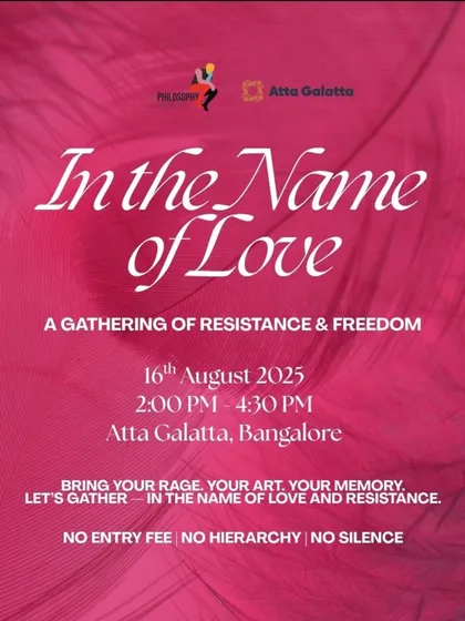 Poster for 'In the Name of Love', a gathering of resistance and freedom.