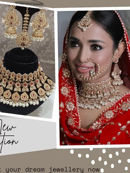 A promotional collage showing a model wearing a rental set and the set itself. This helps MUAs and brides visualize the final look.