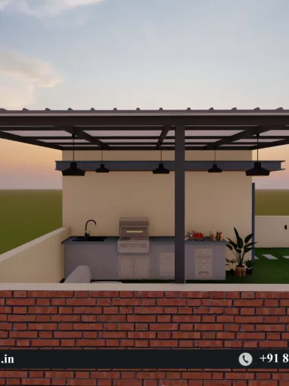 A render of an outdoor kitchen and bar area covered by a sleek, modern pergola with a translucent roof.