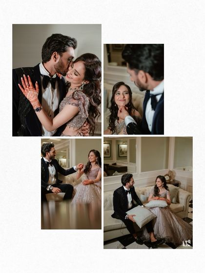 A collage of intimate moments from an engagement shoot. These photos capture the tender glances, gentle touches, and happy smiles that tell the story of a couple newly promised to each other.