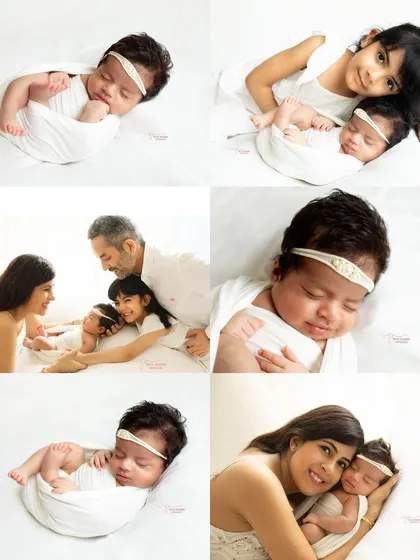 A collage showcasing a beautiful family's newest chapter. From sleepy solo portraits of the newborn to sweet moments with her big sister, this session was full of love.