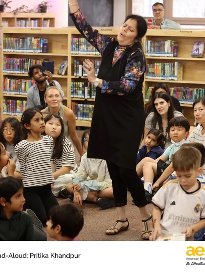 Our Elementary School library hosts literacy fun for students and parents. Guest storyteller Pritika Khandpur captivates our young learners with the interactive story of Elfy the Elephant, filling the library with laughter and joy.