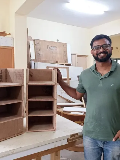 Deepak with a set of modular, stackable storage boxes he built. Made from 19mm plywood, these are sturdy and can be configured in any way he chooses.