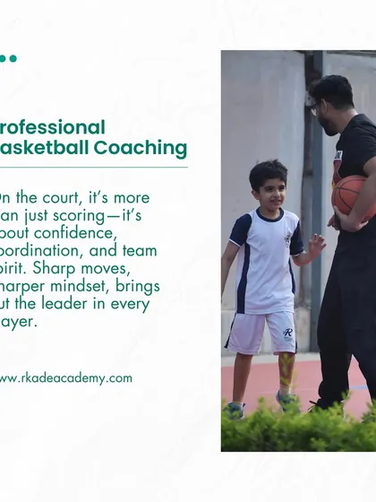 Our coaching goes beyond the game. Here, a coach mentors a young basketball player, focusing not just on skills but also on building confidence, coordination, and team spirit. We bring out the leader in every player.