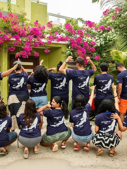 The back of our Fuvamulah trip shirts, showing off the tiger shark design. We love our group gear.
