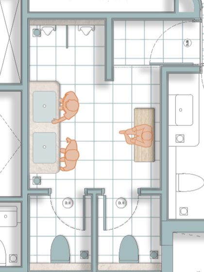A detailed plan of the staff washrooms, focusing on efficient use of space and durable, easy-to-maintain finishes. Even utilitarian spaces are designed with careful consideration for user experience and functionality.