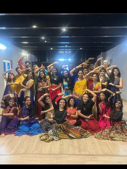 The studio comes alive with color and energy during workshops. This photo from a recent Garba session shows how the space comfortably accommodates large groups, making it an ideal venue for instructors to host classes and events.