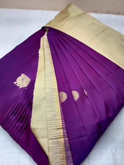 A deep purple silk saree with a simple gold border and motifs.