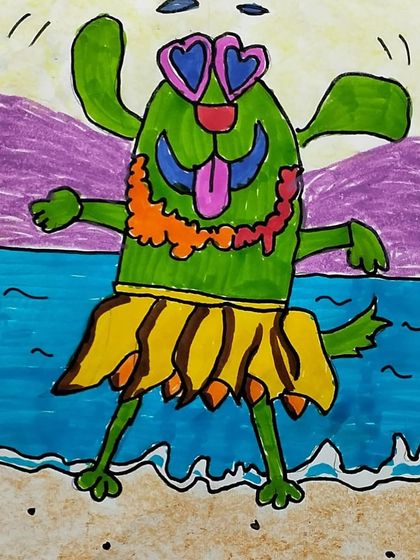 This happy dog dancing on the beach in a hula skirt is pure joy. Our lessons encourage students to create fun, imaginative scenes that make people smile.
