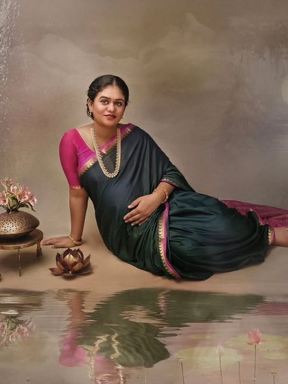 A dreamy, composite image placing the mother-to-be in a serene landscape with a swan and lotus flowers, reflecting her inner peace and the beauty of creation.