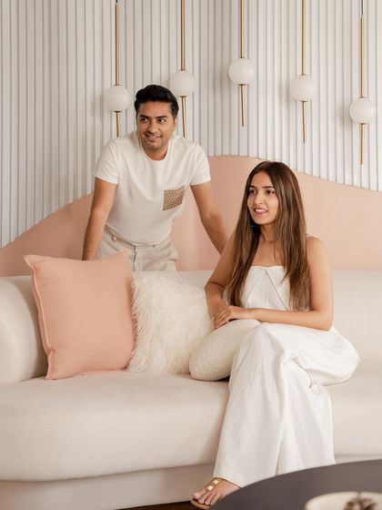 Another candid moment from our team photoshoot. We are constantly bouncing ideas off each other, and our design process is always a conversation.