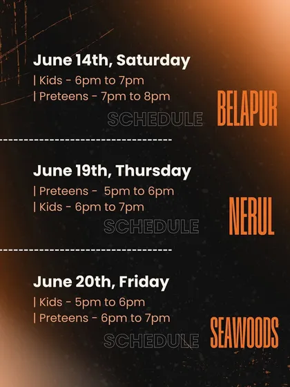 Free workshop schedule for our RUH 18 showcase in Belapur, Nerul, and Seawoods. We offer these sessions to give kids and preteens a taste of the performance experience.