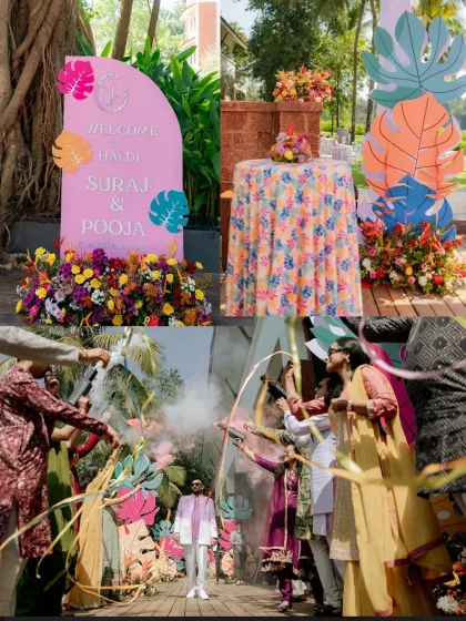 For the Haldi, we switched to a vibrant, tropical theme. The entrance featured a custom welcome sign with colorful leaf motifs, and guests were greeted with showers of confetti and smoke bombs for a high-energy start.