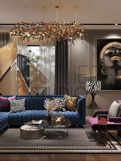 Why go out when you can bring the vibe home? This bold and vibrant bar and lounge transforms a residential space into a restaurant-style retreat, with a royal blue sofa, animal print cushions, and dramatic art.