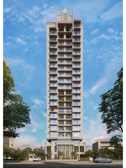 A full frontal view of a luxury residential tower in Mumbai. The architecture features a symmetrical design with Art Deco influences, creating a timeless and elegant structure with grand proportions.