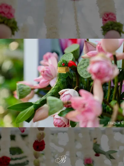 It's the little details that tell the biggest stories. These charming parrots, handcrafted from leaves, and delicate lotus buds were key elements in a traditional South Indian wedding, adding a touch of whimsy and cultural significance to the floral arrangements.