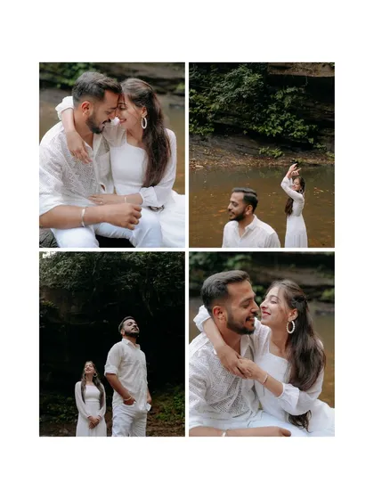 A four-panel collage capturing a variety of moments from a pre-wedding shoot in nature. It shows the couple's playful, romantic, and peaceful interactions in a beautiful, secluded spot.