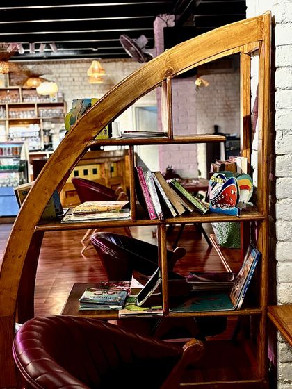 Our quirky bookshelf adds to the cozy, home-like feel of the cafe. Feel free to pick up a book while you enjoy your coffee or meal.